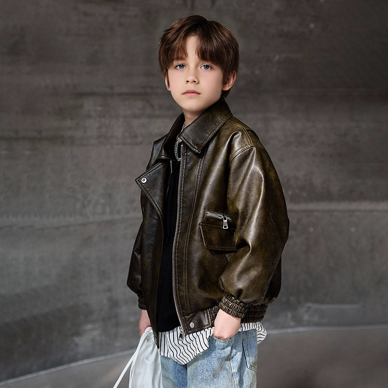 Streetwear Brand Designer - 男の子ダークグリーン防水防風コート 2-12Y 子供ブラックロックオートバイ Pu レザージャケット子供ストリート写真撮影着用