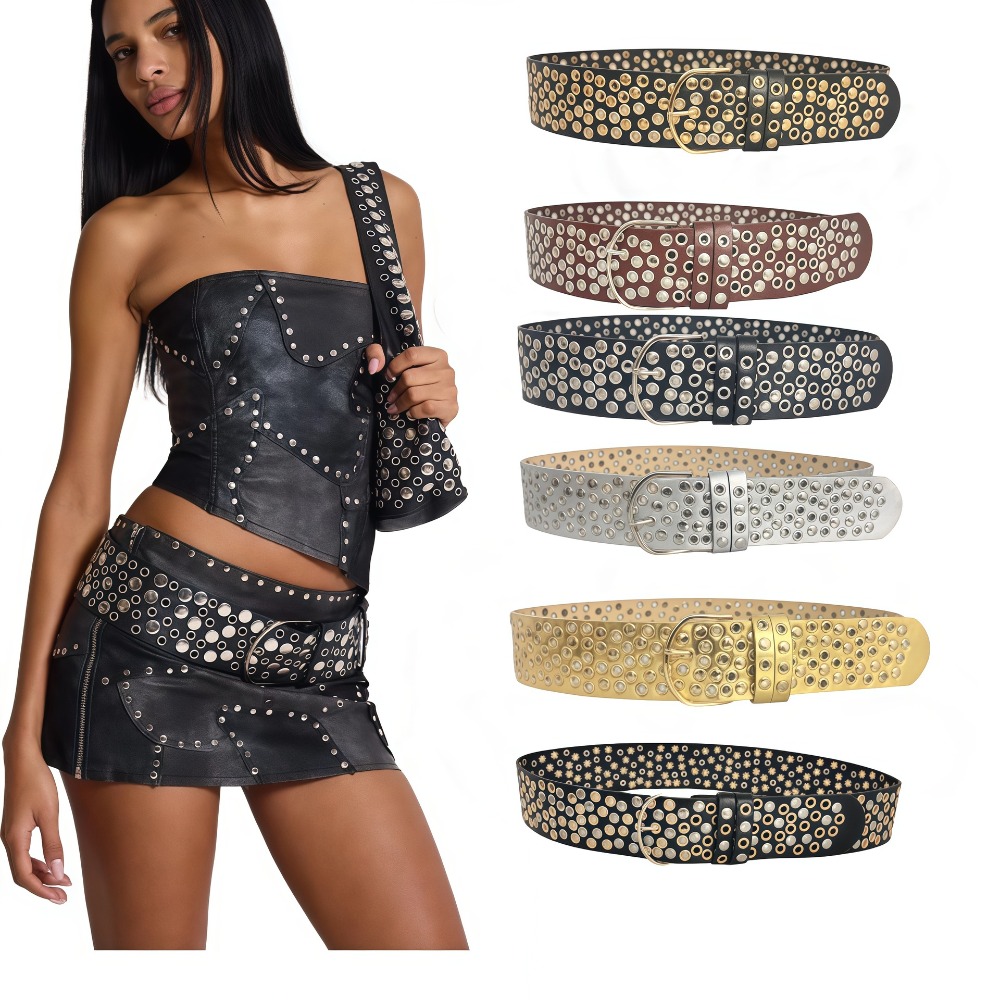 Streetwear Brand Belts - パンクホローアイレットリベットベルト トレンドブランド ストリートウェア ワイドPUウエストベルト ラグジュアリーデザイン ジーンズ
