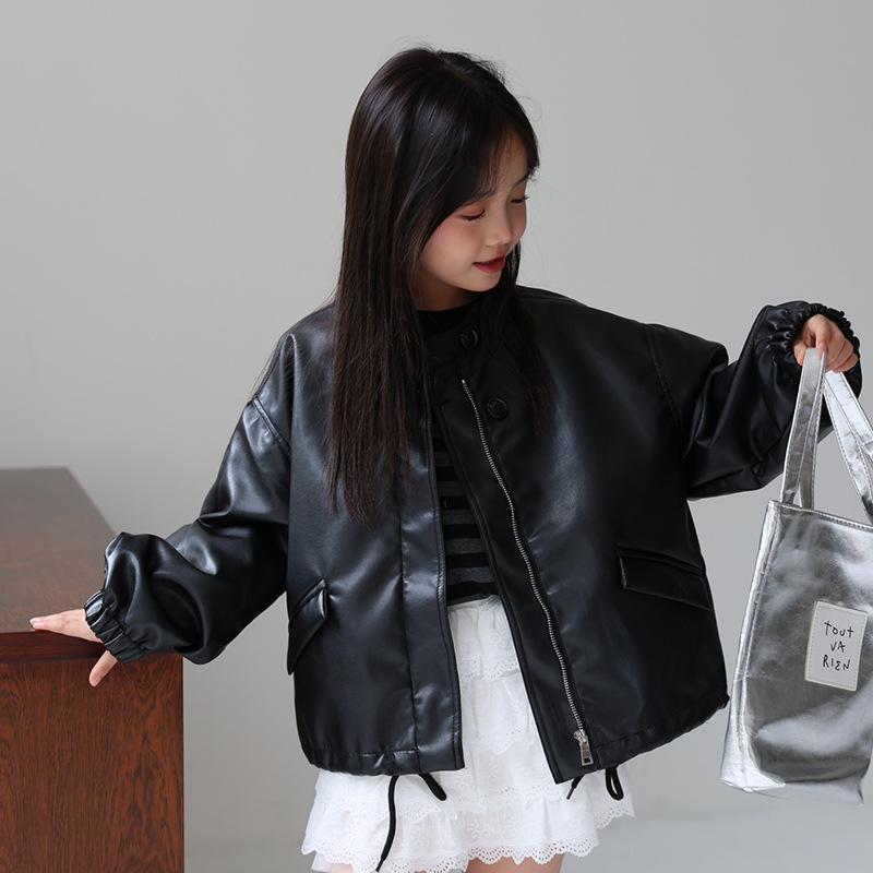 Streetwear Brand Designer - 2-12Y 女の子甘い黒ピンクロックオートバイ Pu レザージャケット子供防水防風コート子供ストリート写真撮影着用