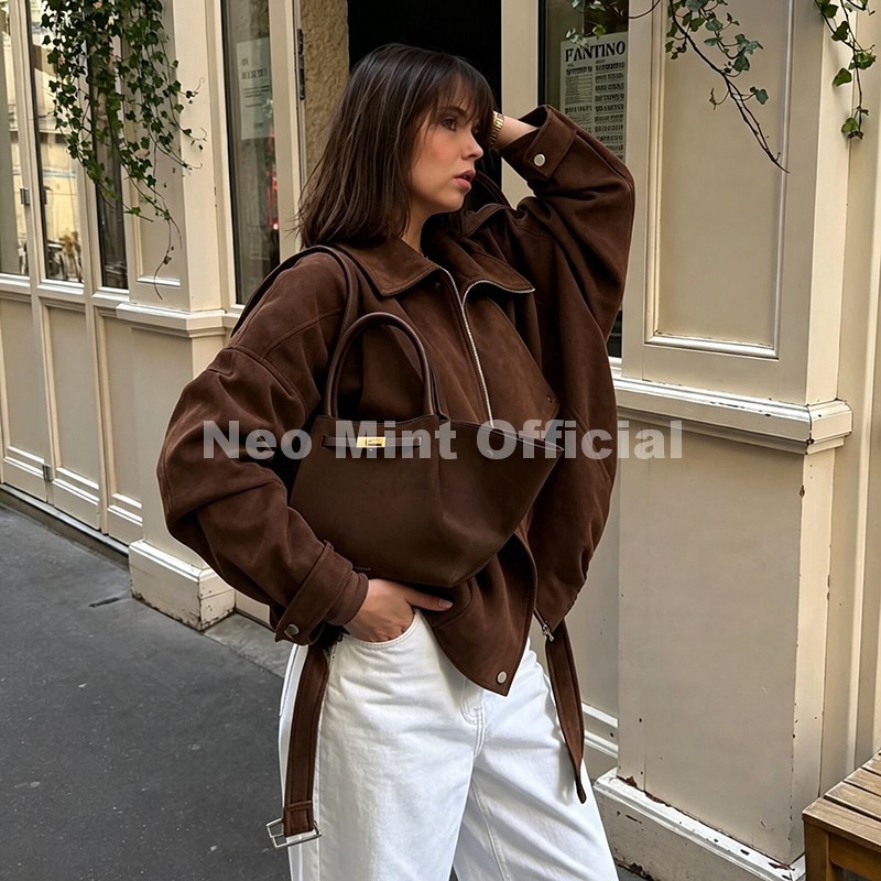 ネオミント秋の新ブラウン特大スエードジャケット女性シックなブ - Streetwear Brand Designer のレビューと価格